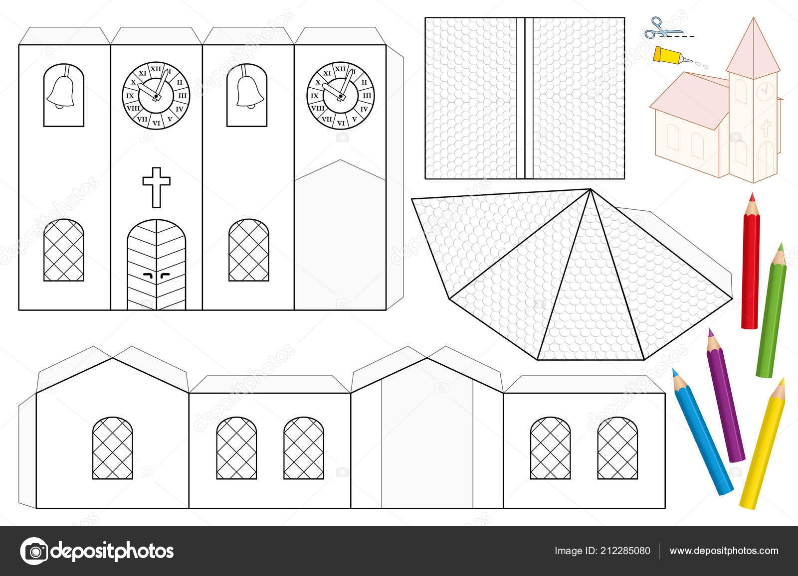 Church Paper Craft Sheet Unpainted Cut Out Template Children Coloring Stock Vector By Furian 212285080