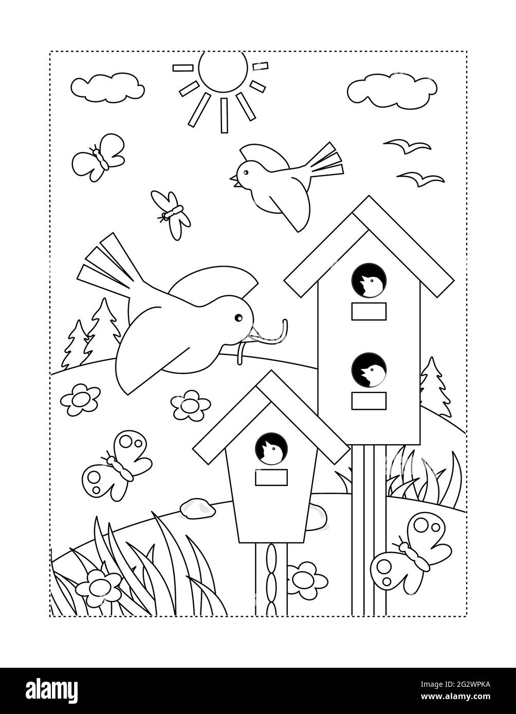 Coloring Page With Birds Nestlings Birdhouses Stock Photo Alamy