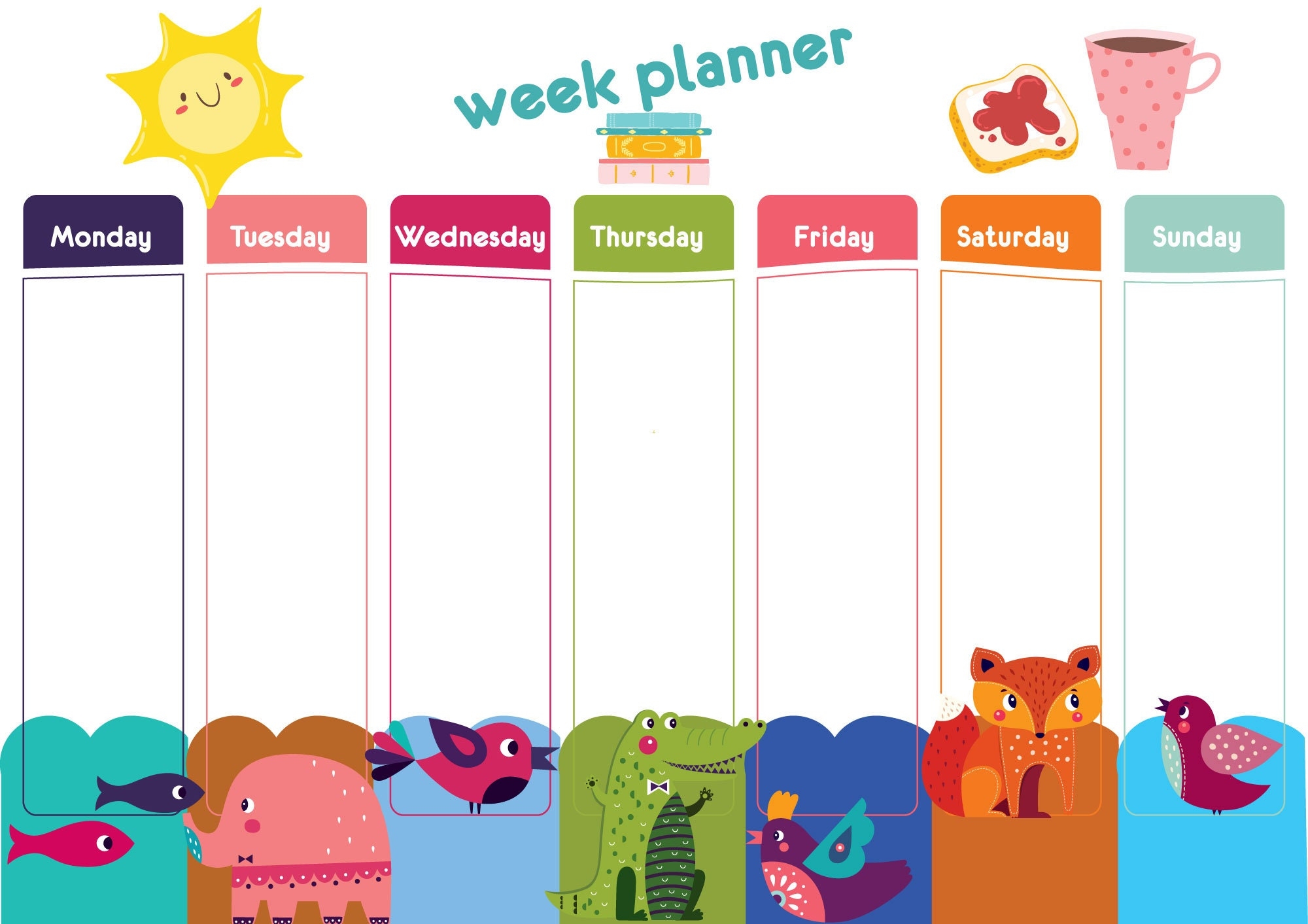Colourful Printable Weekly Planner Home School Planner Home School Schedule Cute Animals Timetable Kinder Garden Toddler Weekly Planner Etsy