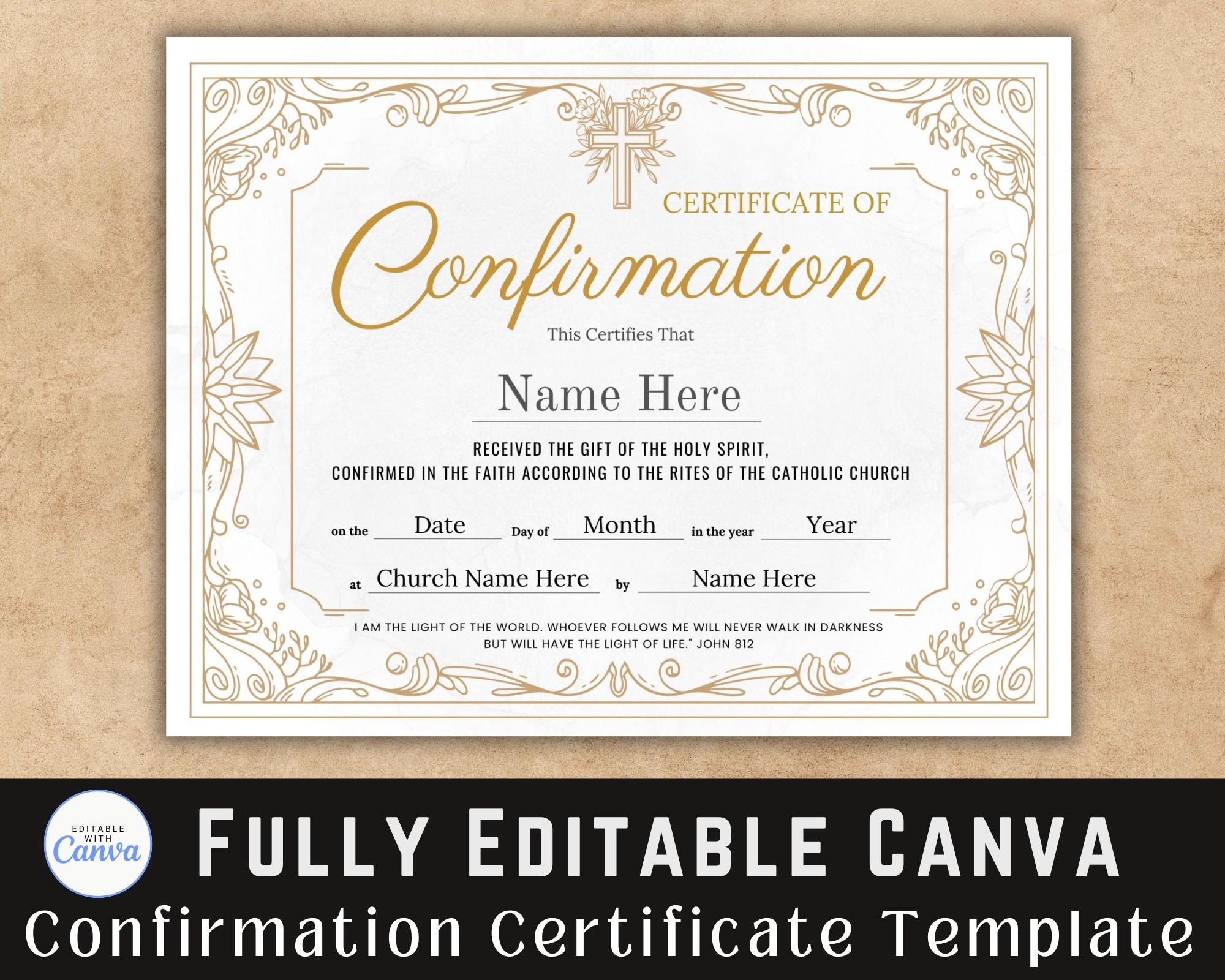 Confirmation Certificate Canva Template Gifts For Girl And Boy Catholic Church Certificate Religious Gold Certificate Etsy