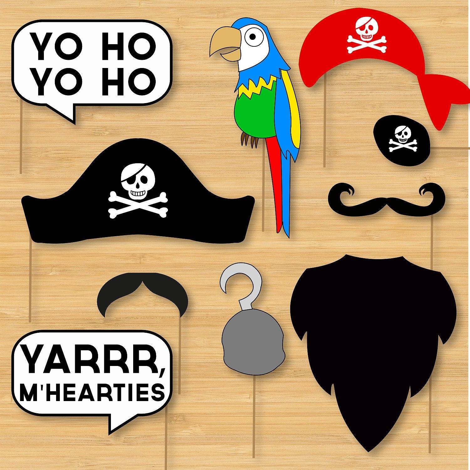DIY Pirate Photo Booth Props Moustaches Beards Hats Speech Bubbles Printable Digital Photobooth