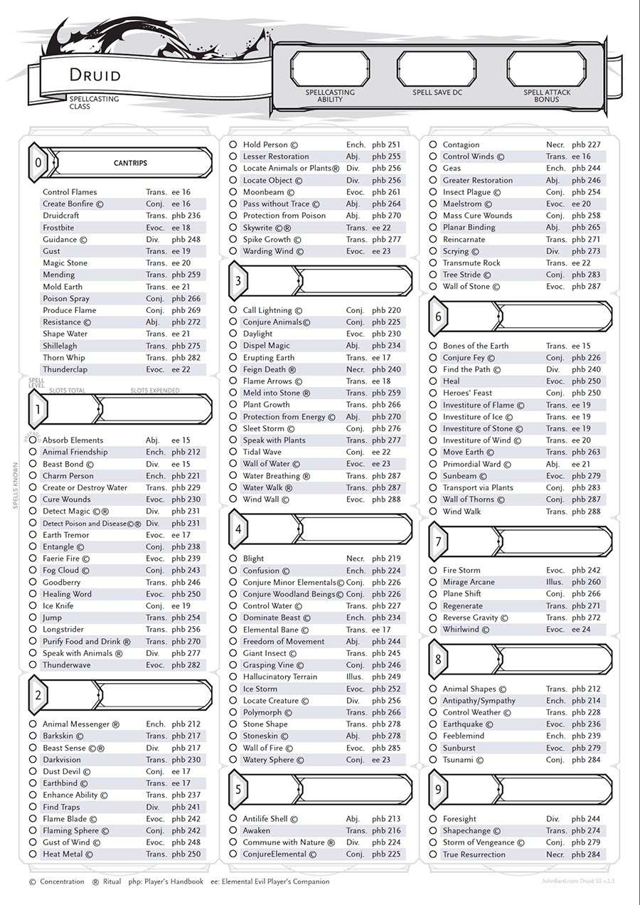 Druid Spell Sheet By John Bard Printable Dungeon Masters Guild Dungeon Masters Guild