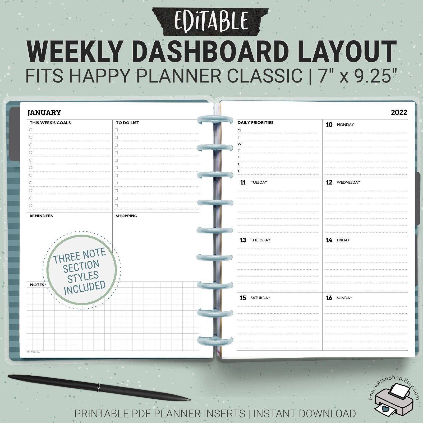 Editable Classic Happy Planner Dashboard Layout Printable Weekly Planner Inserts Undated Pages Digital Download PDF