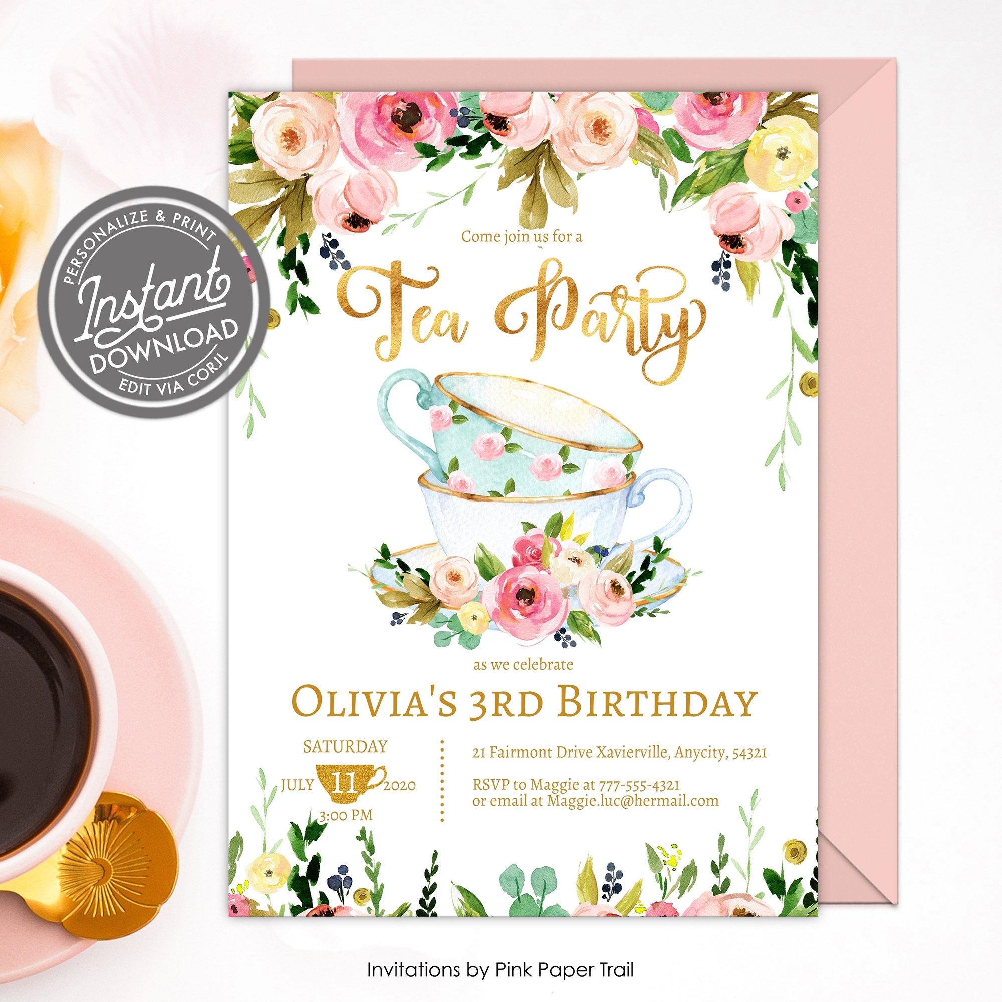 EDITABLE Tea Party Invitation Tea Party Birthday Invite Floral High Tea Party Floral And Gold Tea Party Template Any Age Printable Invite Etsy