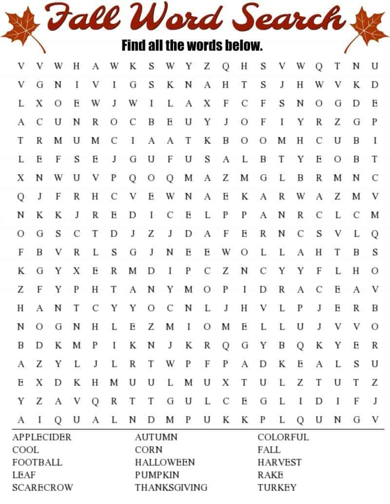 Fall Word Search Free Printable Worksheet
