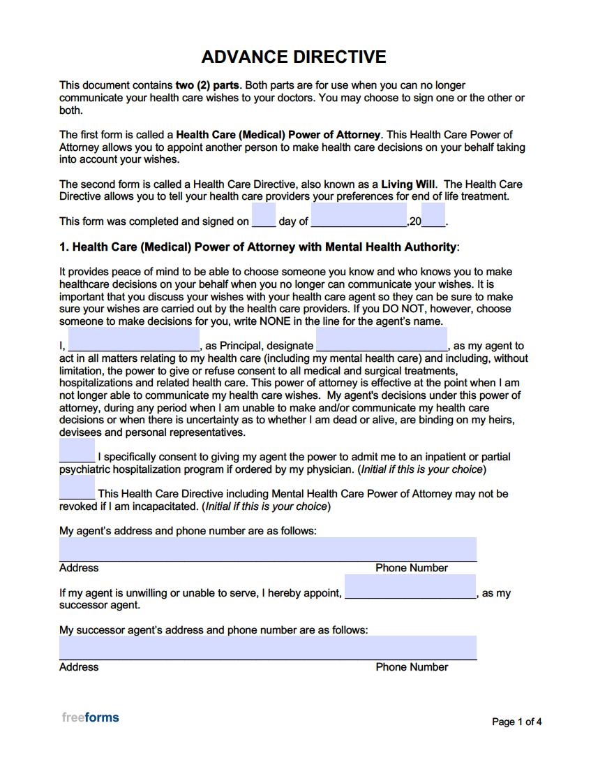 Free Advance Directive Forms Medical Power Of Attorney Living Will PDF Word