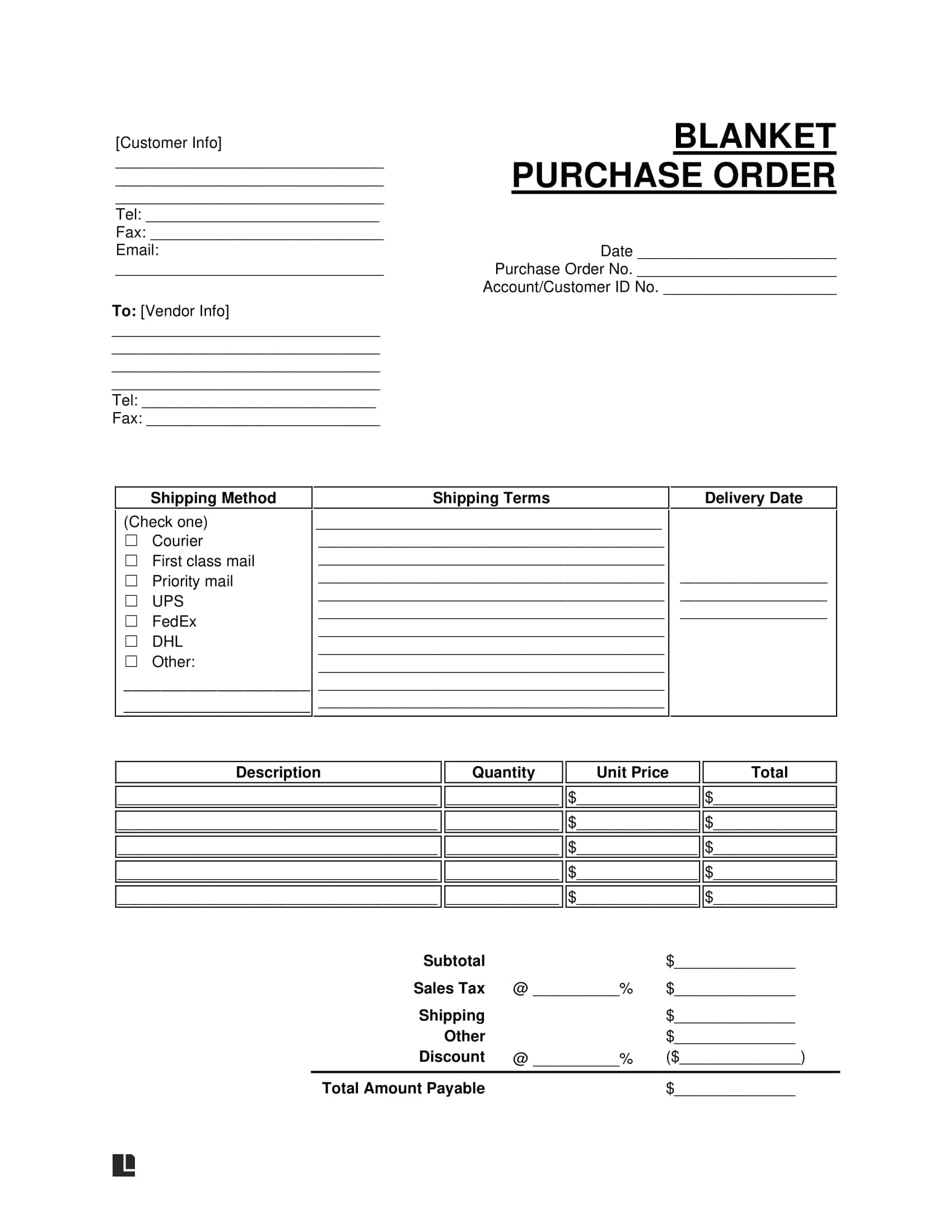 Free Blanket Purchase Order BPO Template PDF Word