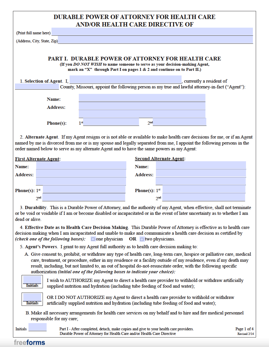 Free Missouri Advance Directive Form Medical POA Living Will PDF