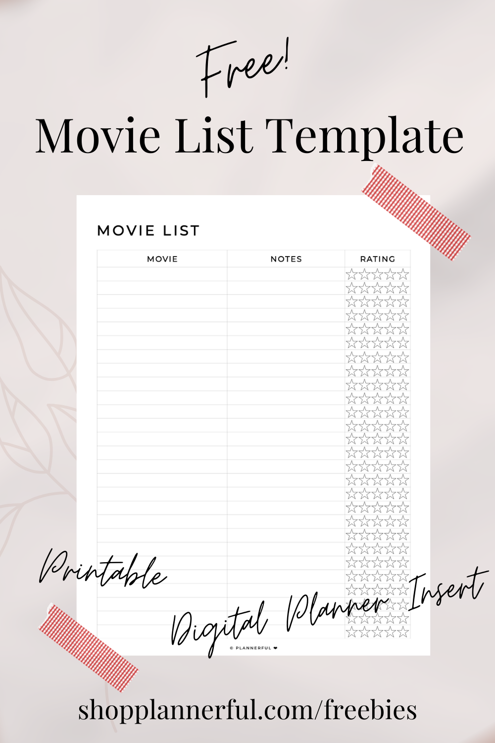Free Movie List Template Freebie Digital Printable Movie List Digital Journal Planner Insert Freebie