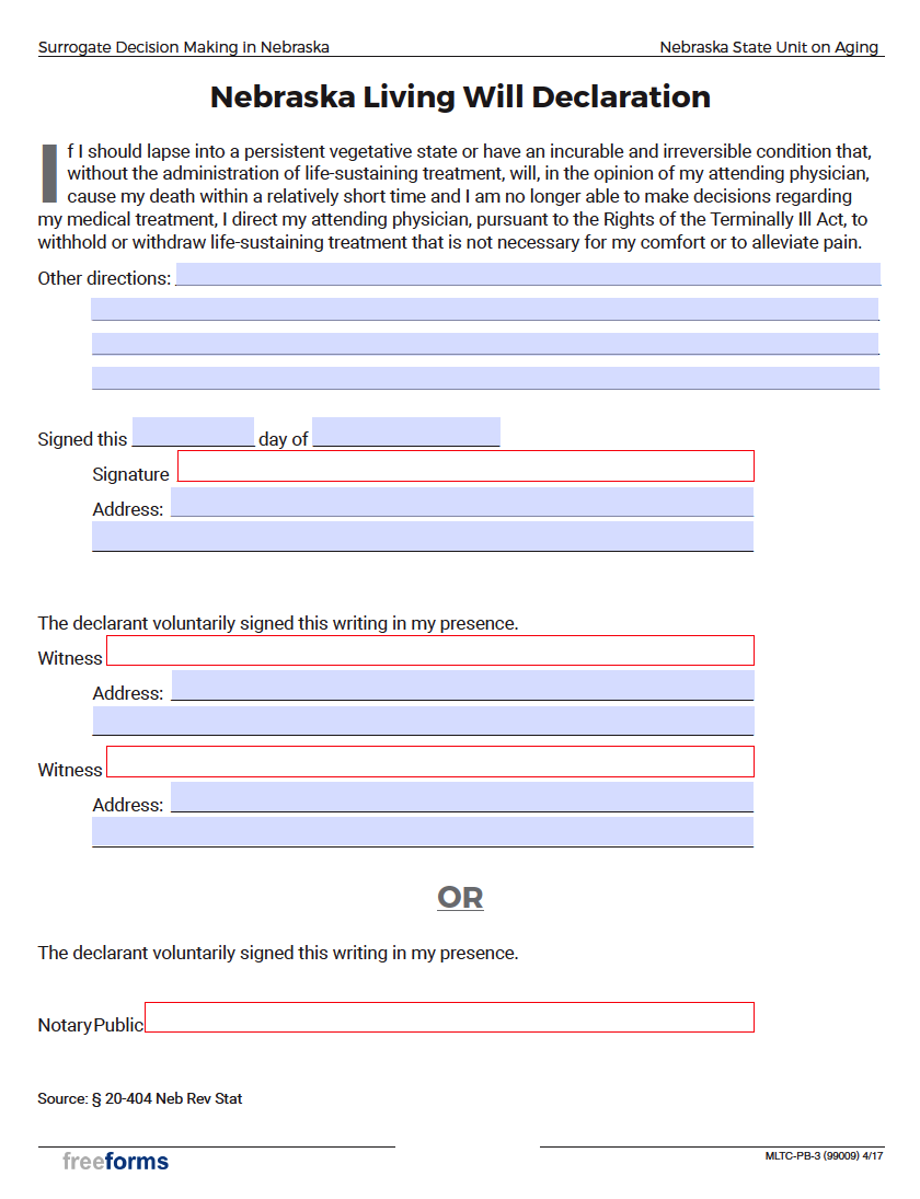Free Nebraska Living Will Form PDF