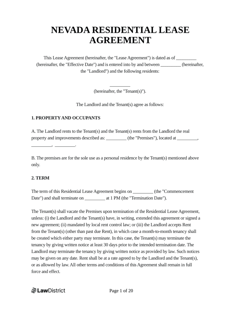 Free Nevada Residential Lease Agreement Form PDF LawDistrict