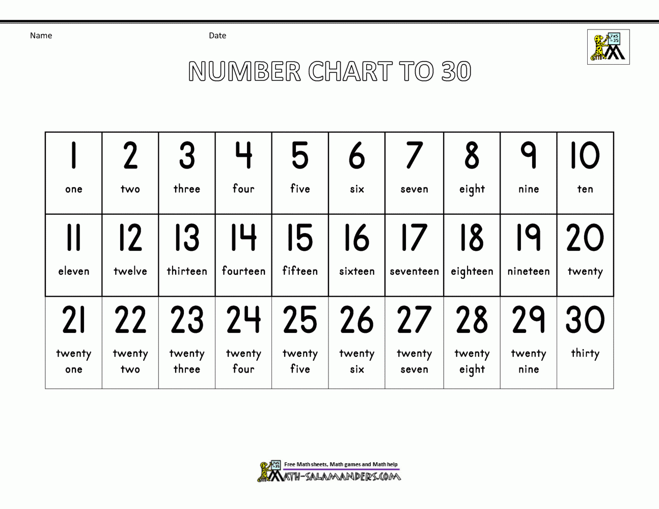 Free Number Chart 1 30