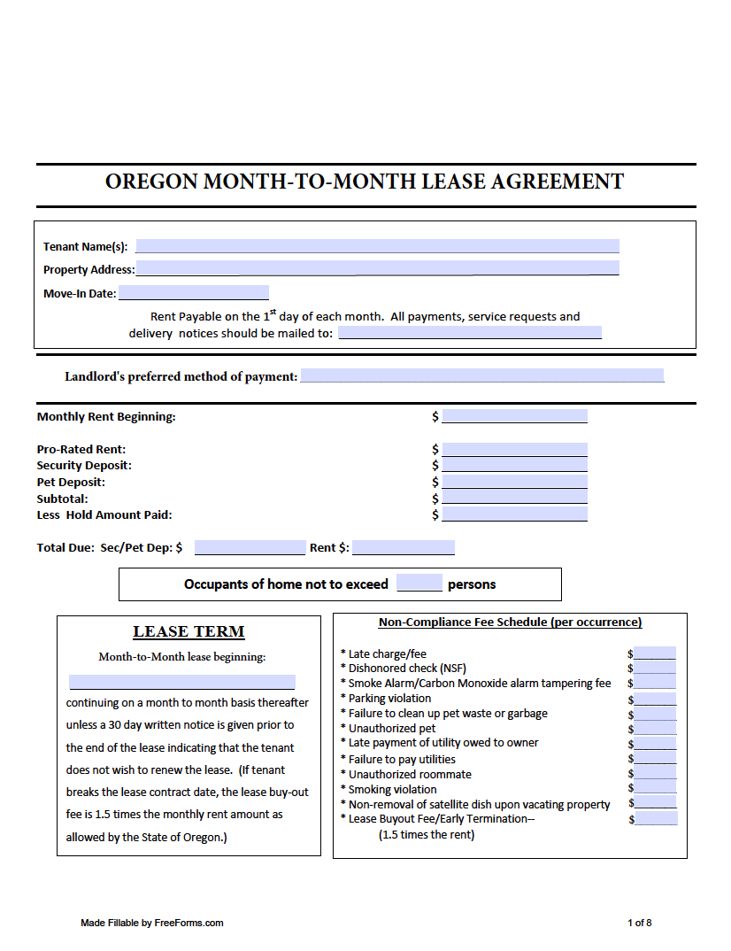 Free Oregon Month To Month Lease Agreement Template PDF