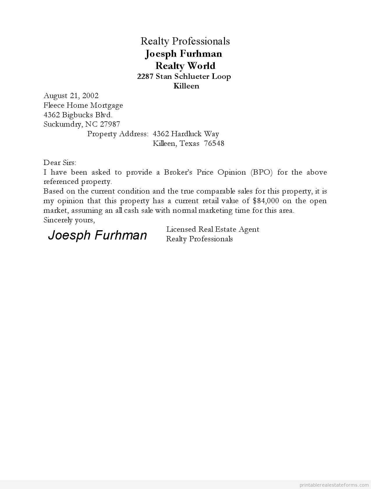 Free Printable Broker Price Opinion Form PDF WORD 