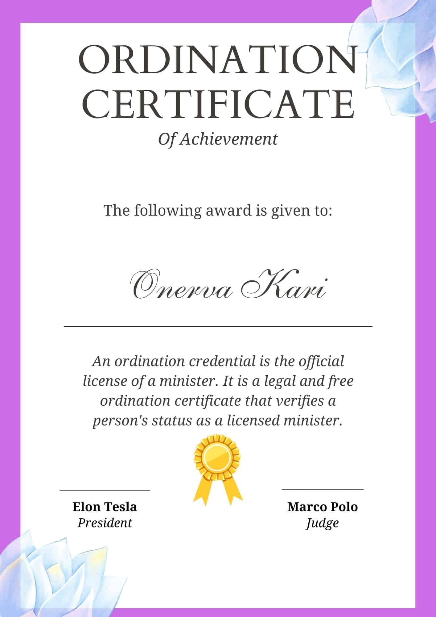 Free Printable Ordination Certificate Templates Minister Deacon Word PDF