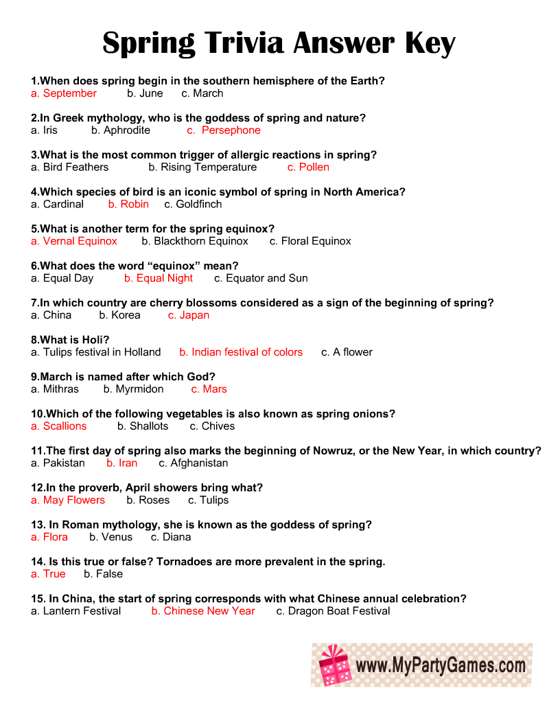 Free Printable Spring Trivia Quiz With Answer Key