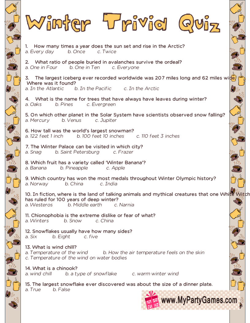 Free Printable Winter Trivia Quiz With Answers Worksheets Library