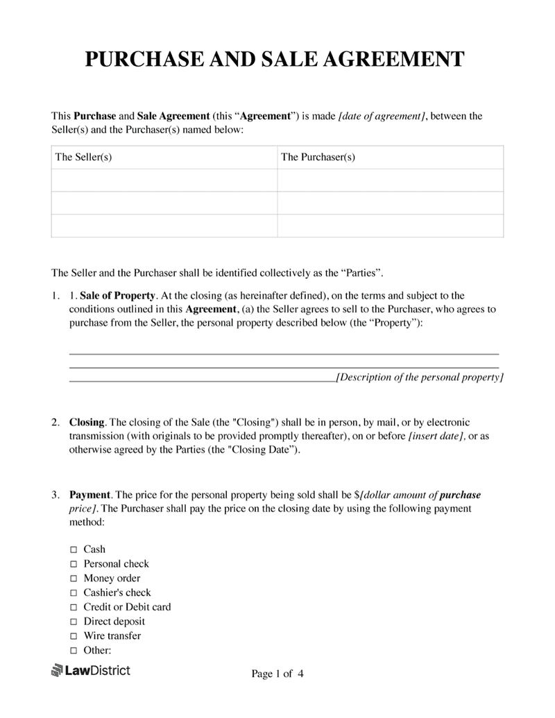 Free Purchase And Sale Agreement PDF Word Form LawDistrict
