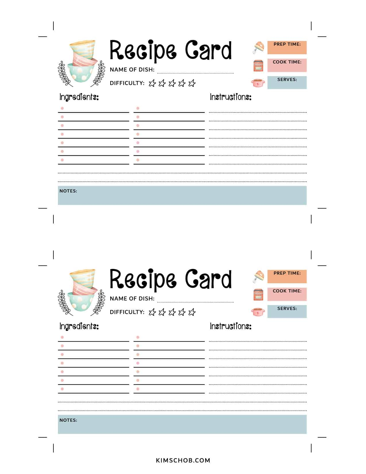 Free Recipe Card Printable Kim Schob