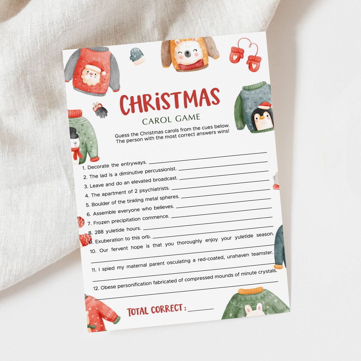 Funny Ugly Sweater Christmas Carol Game Printable