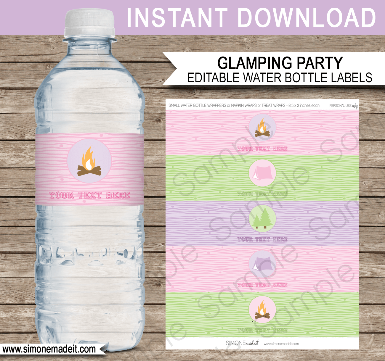 Glamping Party Water Bottle Labels Editable Printable Template