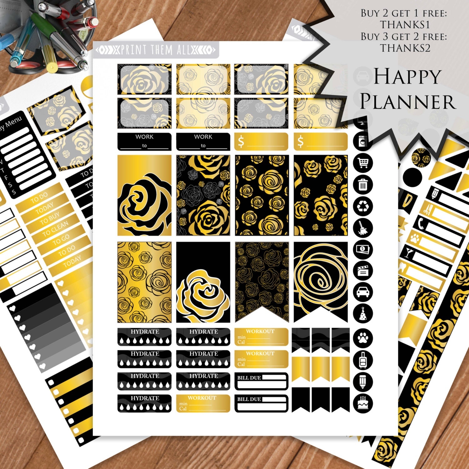 Golden Roses Planner Stickers Printable HAPPY PLANNER Sticker Monthly weekly Kit Printable Sampler Happy Planner Kit Instant Download Etsy