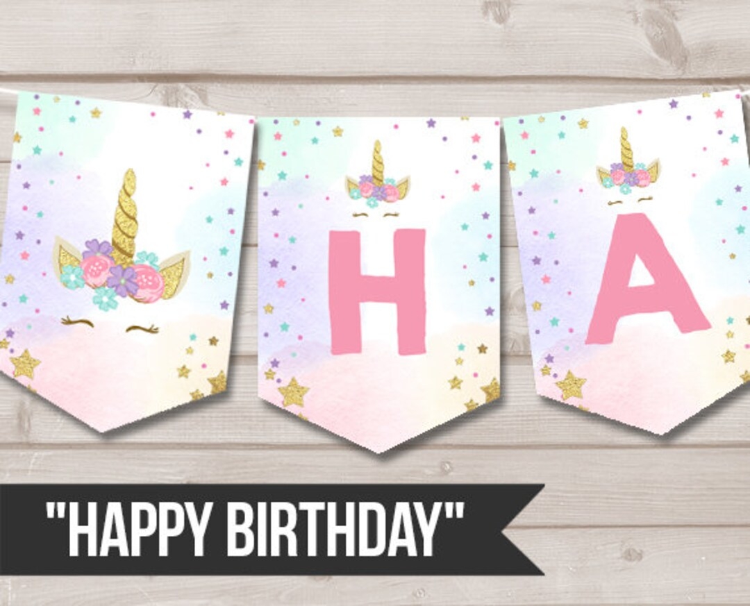 Happy Birthday Banner Unicorn Birthday Banner Magical Birthday Girl Pink And Gold Decoration Instant Download PRINTABLE DIGITAL DIY 0041 Etsy