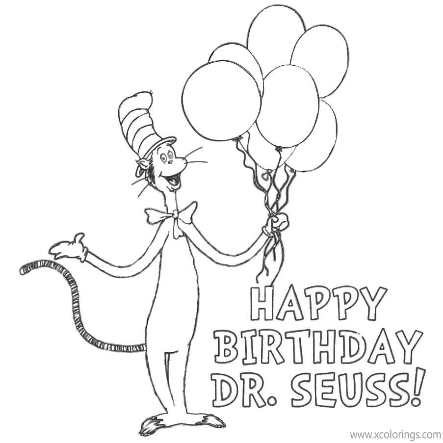 Happy Birthday Dr Seuss Coloring Pages Cat In The Hat With Balloons XColorings