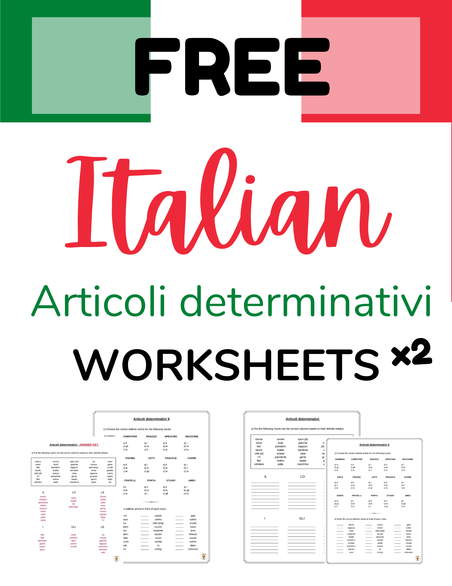 Italian Definite Articles Worksheets Articoli Determinativi Free Printable Download The Happy Maple Language Co