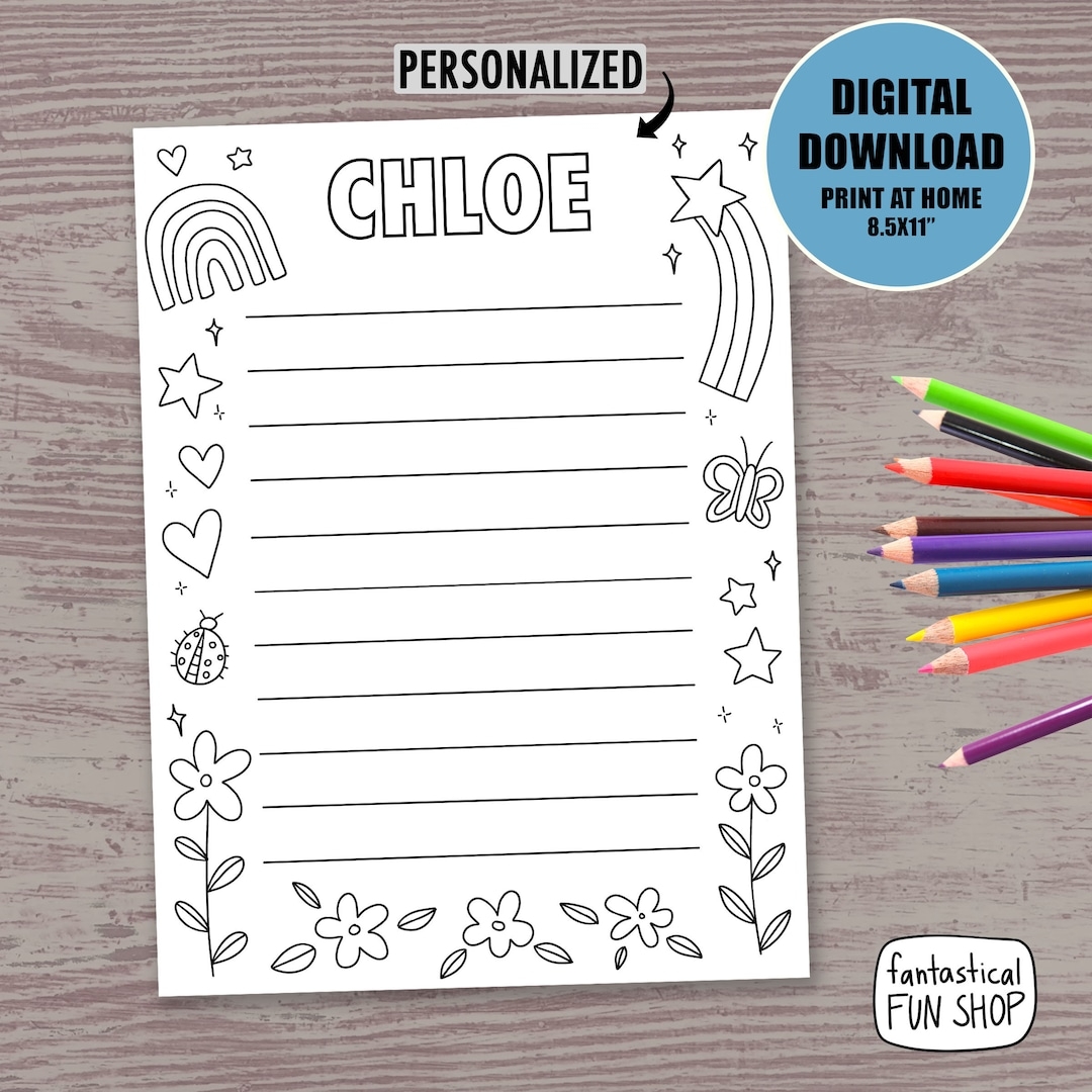 Kids Stationary PRINTABLE Personalized Stationery For Child Custom Stationary Print Yourself Paper Lined Paper Kids Stationery DOWNLOAD Etsy
