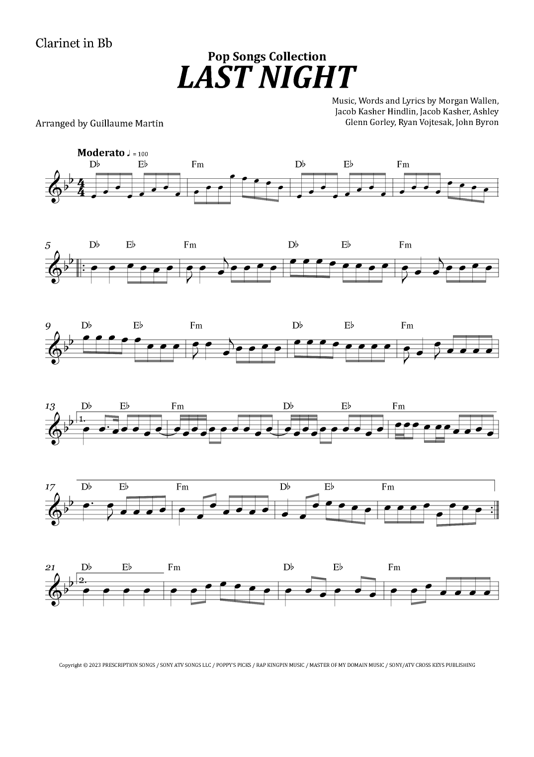 Last Night arr Guillaume Martin By Morgan Wallen Sheet Music For Clarinet Solo At Sheet Music Direct