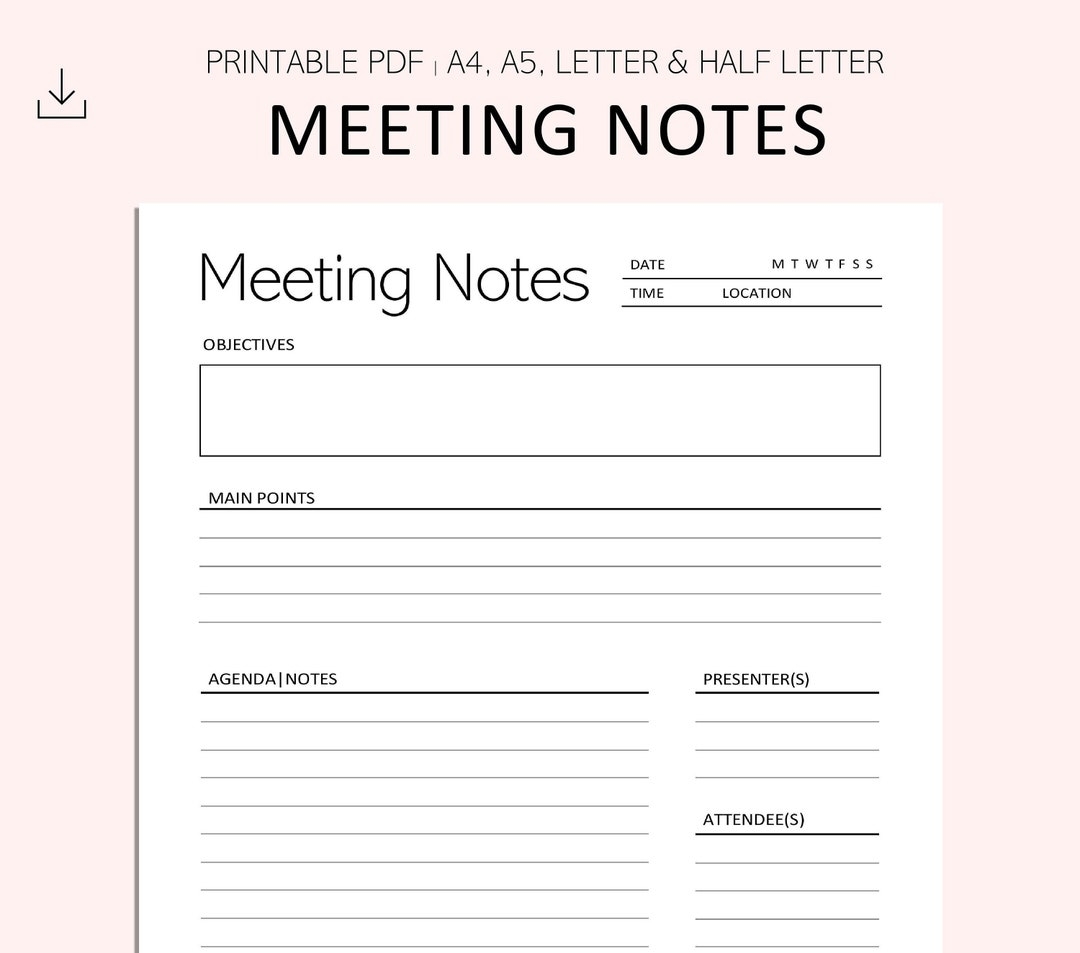 Meeting Notes Printable Work Planner Meeting Agenda Record Work Notes Template Office Notes PDF A4 A5 Letter Half Letter Etsy