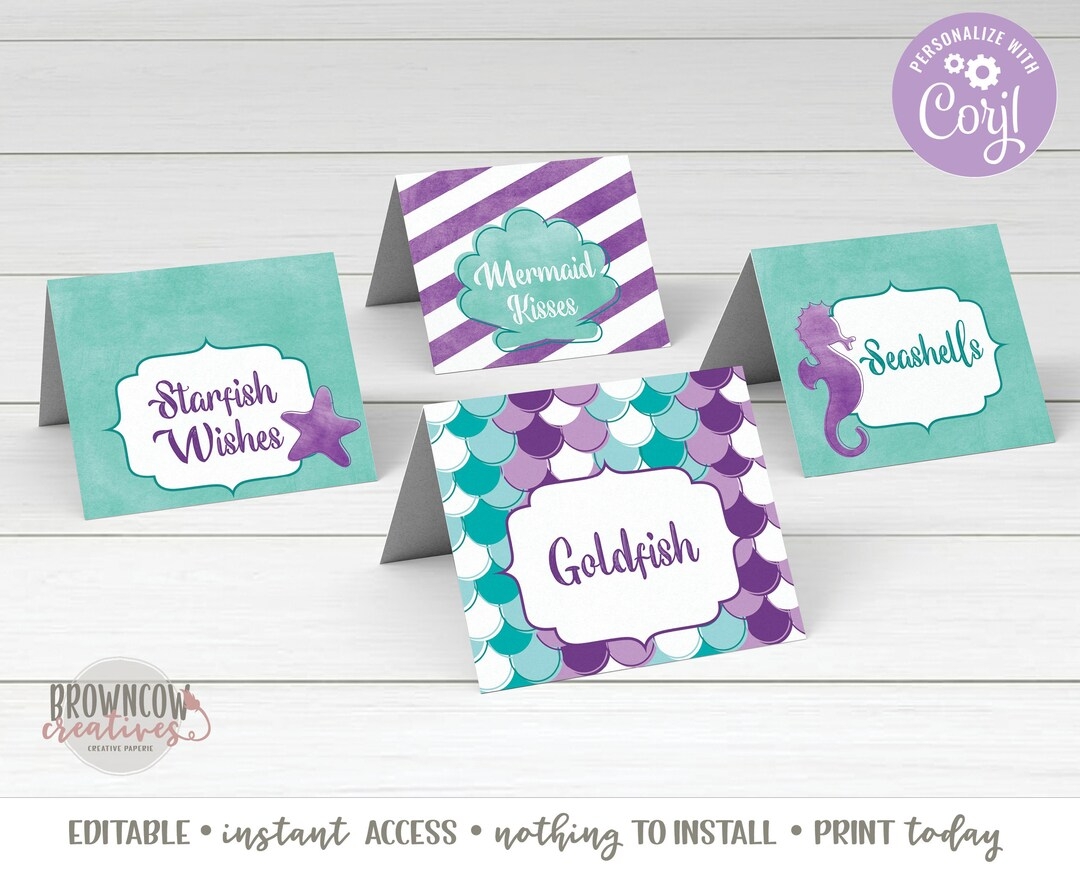 Mermaid Party Food Tents Mermaid Birthday Food Labels Editable Instant Printable Mermaid Party Decorations Etsy