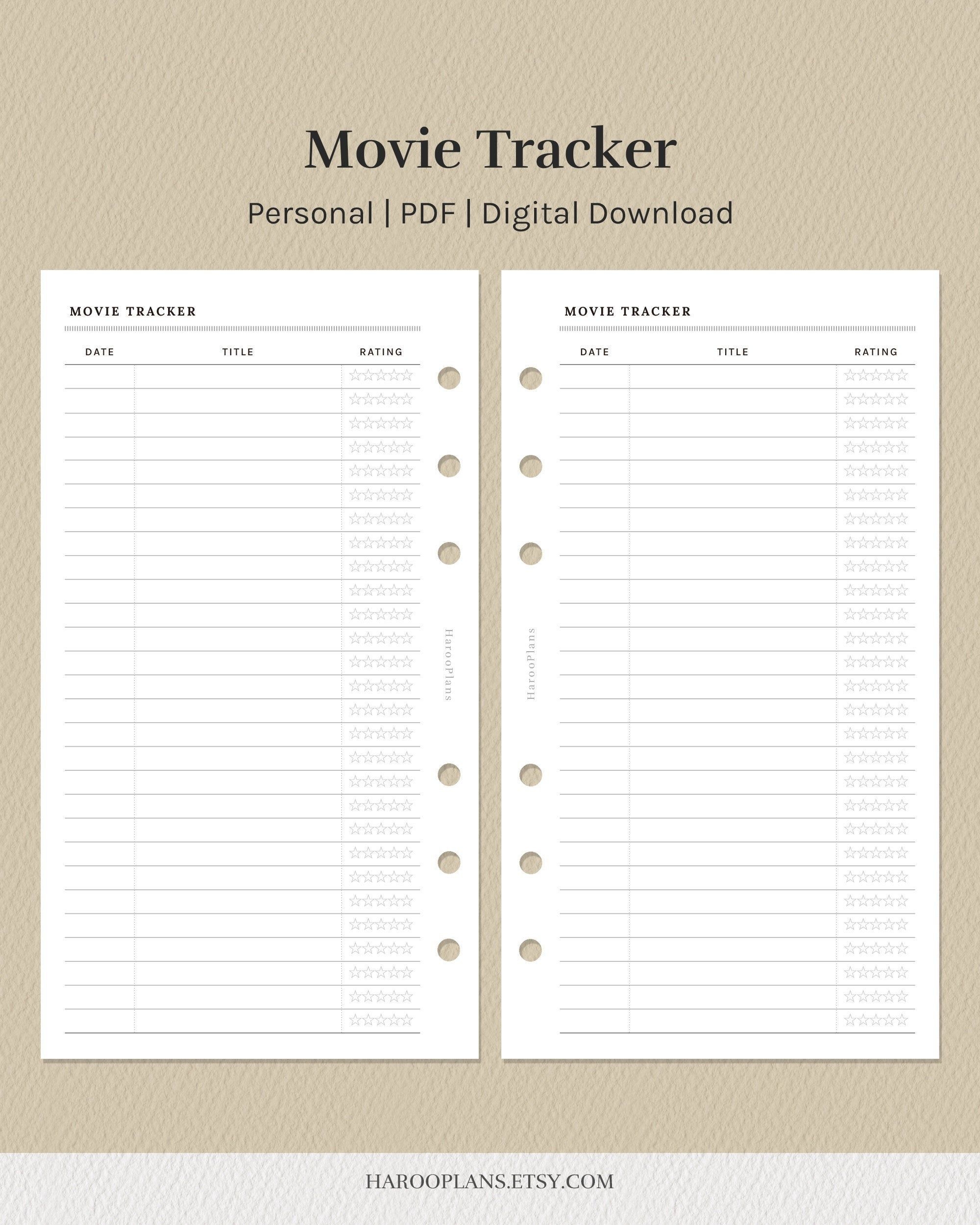 Movie Tracker Printable Inserts Personal Film Checklist Template PDF Simple Cinema Log Layout Pages Digital Download Etsy
