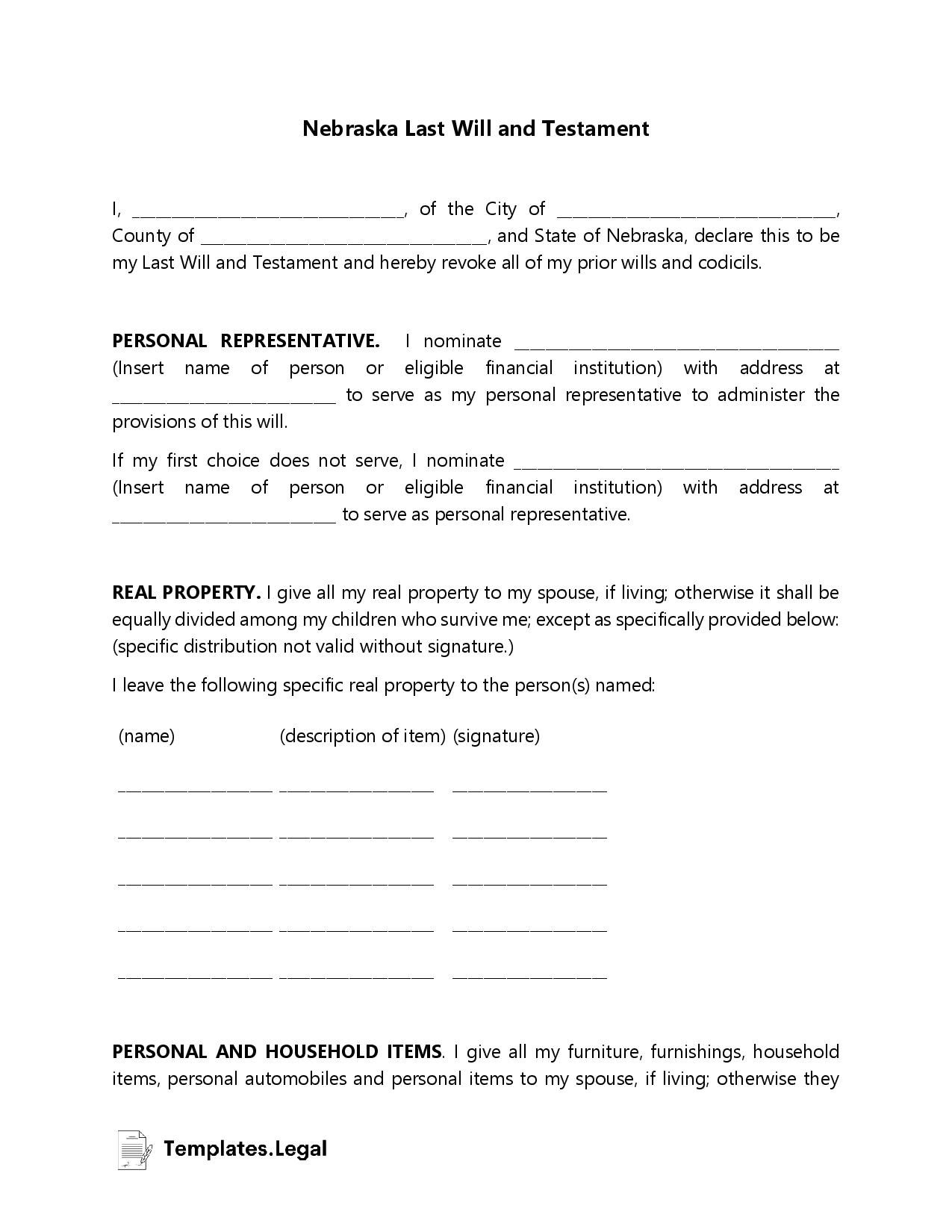 Nebraska Last Will And Testament Templates Free Word PDF ODT 