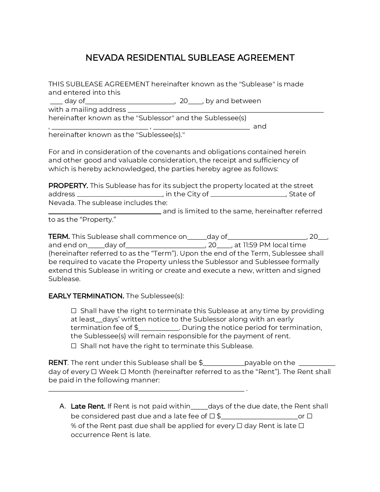 Free Printable Lease Agreement Nevada