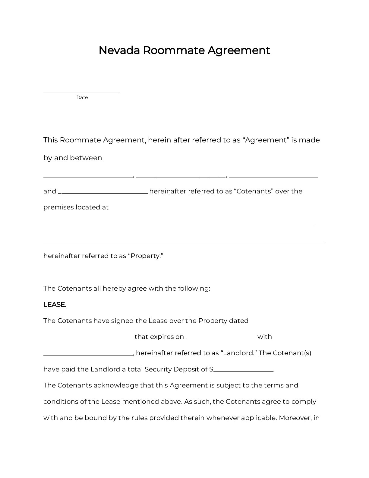 Nevada Rental Lease Agreement Template 2024 PDF DOC