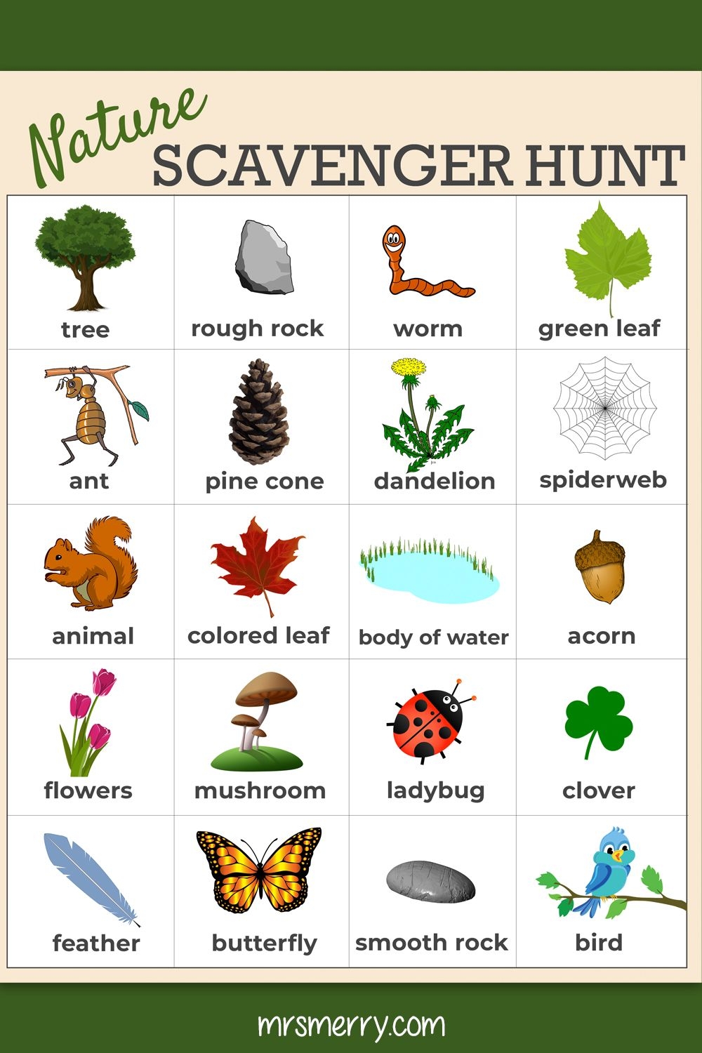 Outdoor Scavenger Hunt Nature Activity For Kids Free Kids Printable Mrs Merry