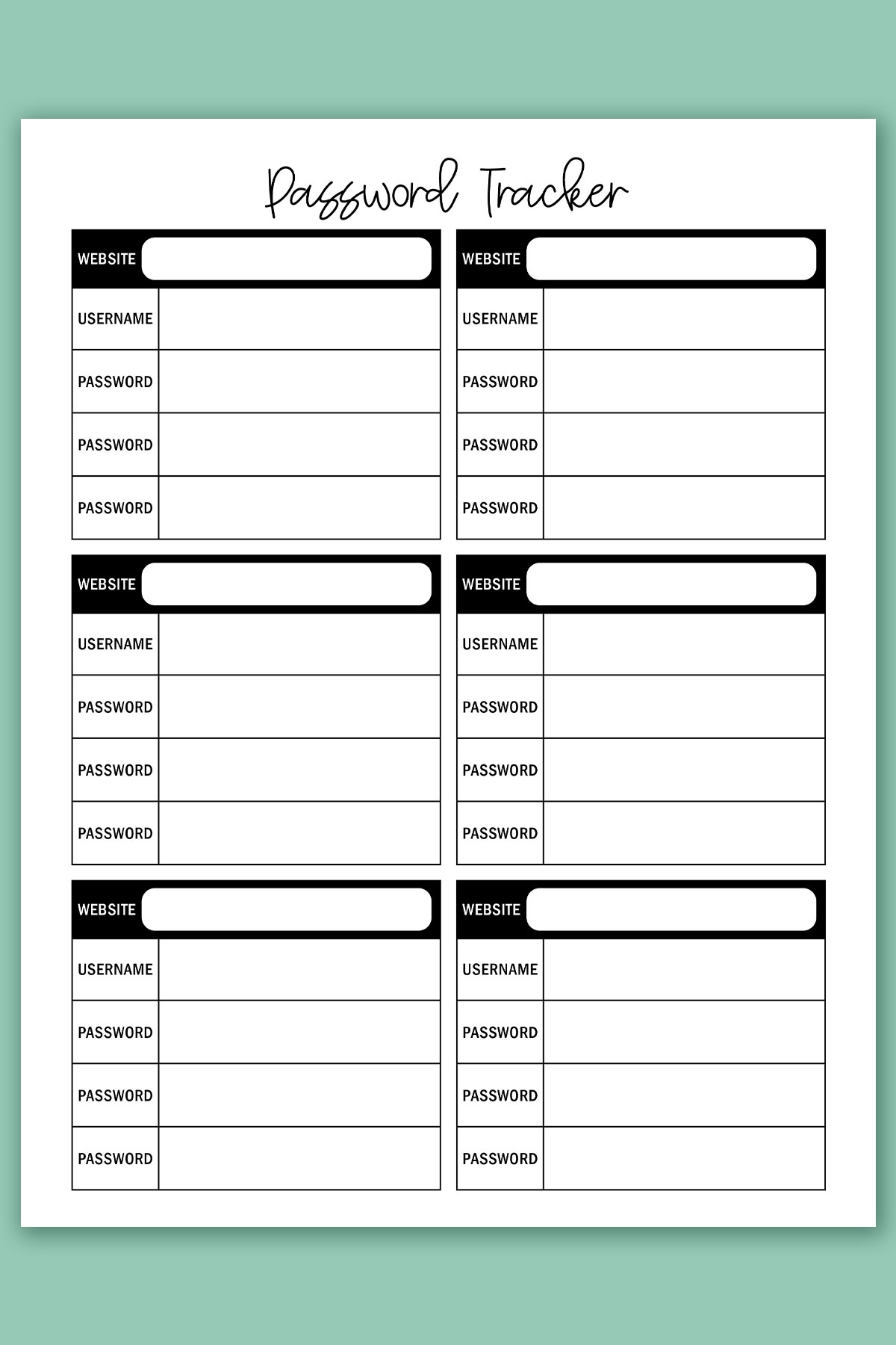 Password Tracker Printable Set