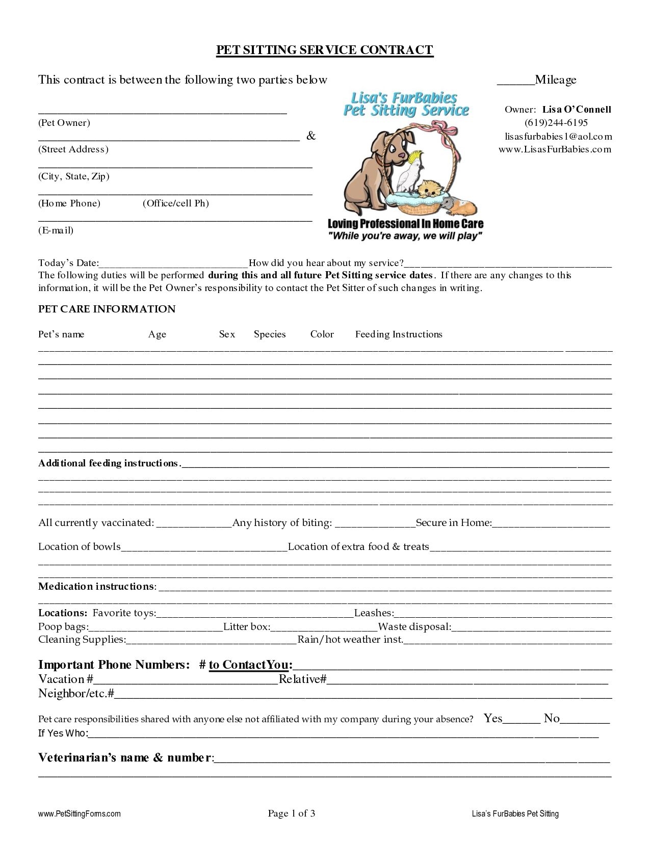 Pet Sitting Contract Templates Dogs Pet Sitting Services Regarding Dog Grooming Record Card Template