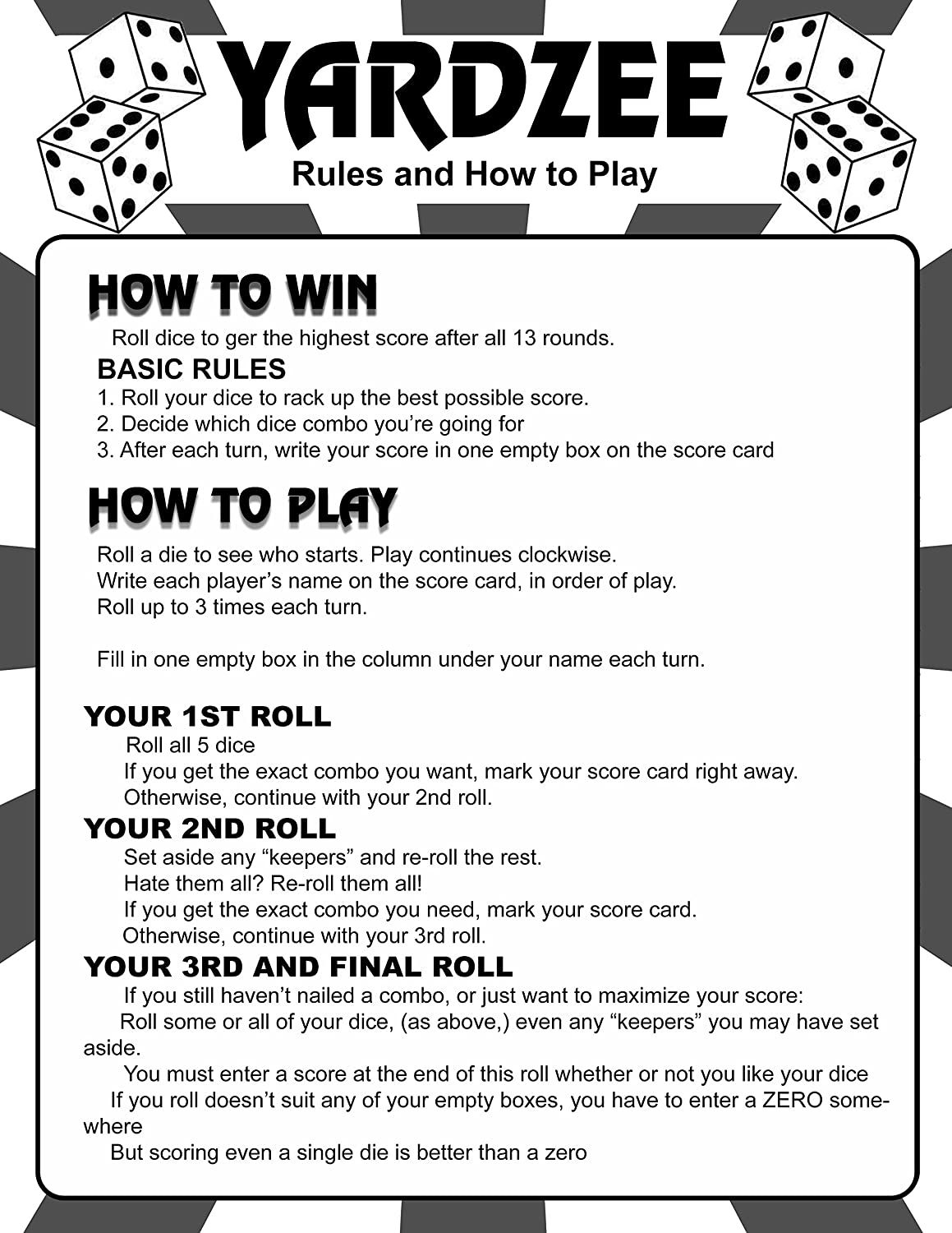Yardzee Score Card Printable Free