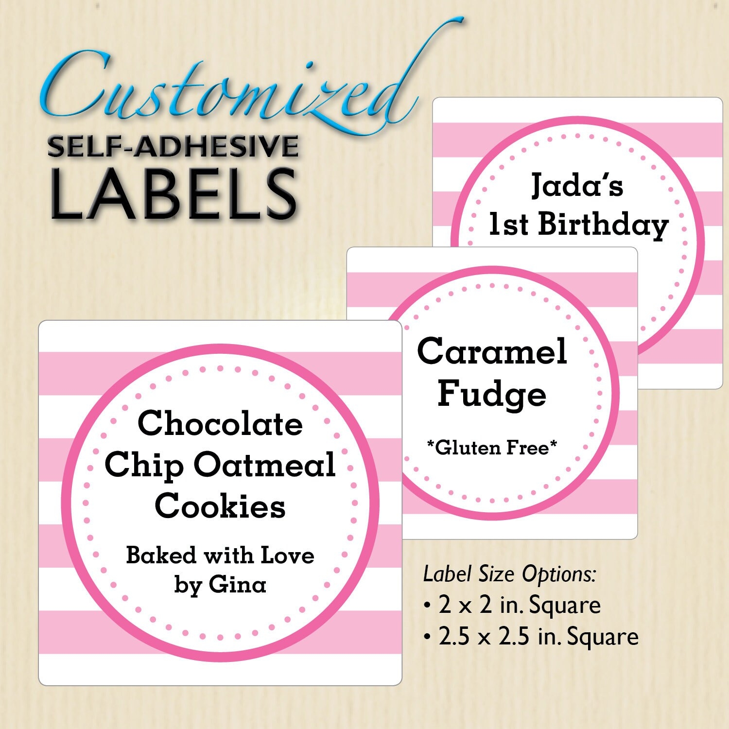 Pink Stripe Bakery Labels Cookie Packaging School Bake Sale Church Fundraiser Birthday Favors Cupcake Boxes Personalized Custom Text Etsy