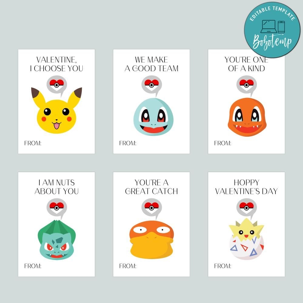 Pokemon Kids Valentine Cards Printable Customizable Template DIY Createpartylabels