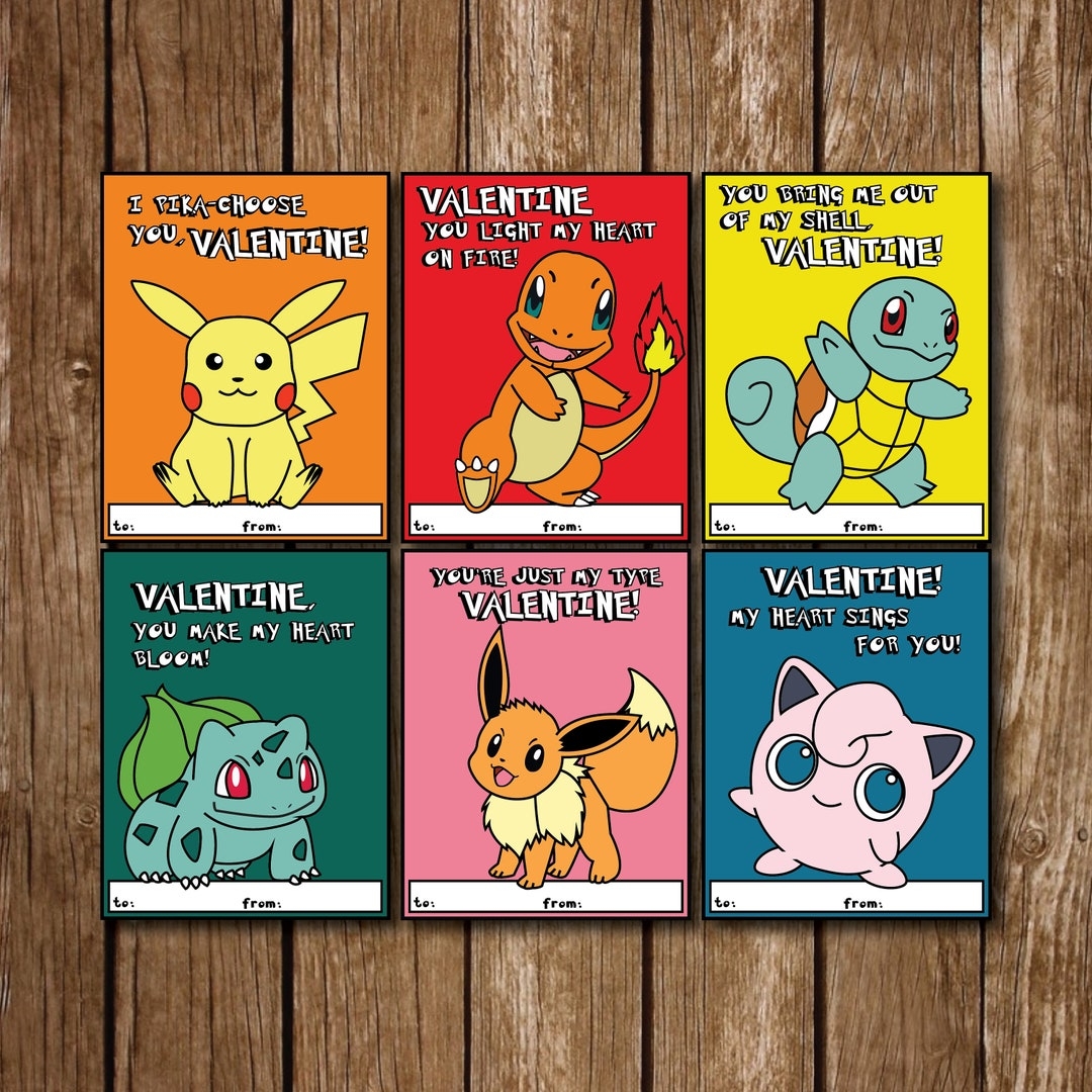 POKEMON Valentine s Day Cards Pikachu Charzard Squirtle Bulbasaur Eevee Jigglypuff Etsy