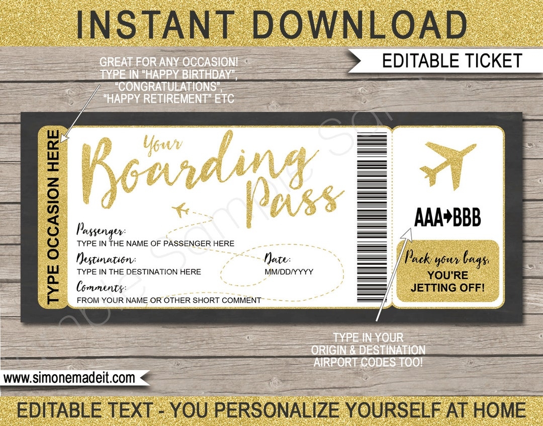 Printable Boarding Pass Template Surprise Fake Airline Ticket Trip Gift Airplane Plane Destination Flight Coupon Fake INSTANT DOWNLOAD Etsy