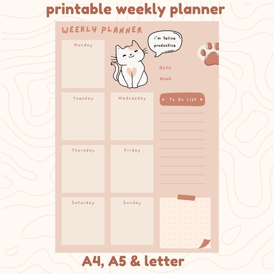Printable Cat Weekly Planner Etsy