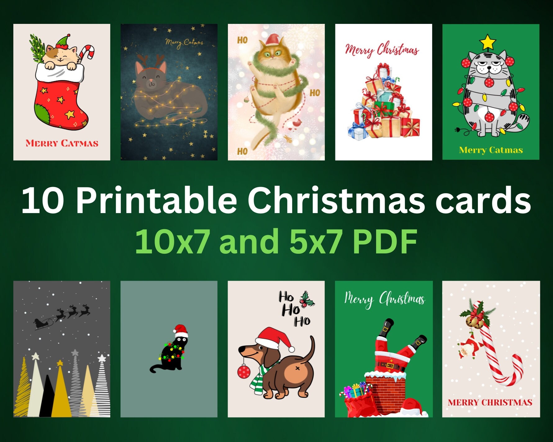 Printable Christmas Cards Set Of 10 Printable Cards PDF Instant Download Merry Christmas Etsy