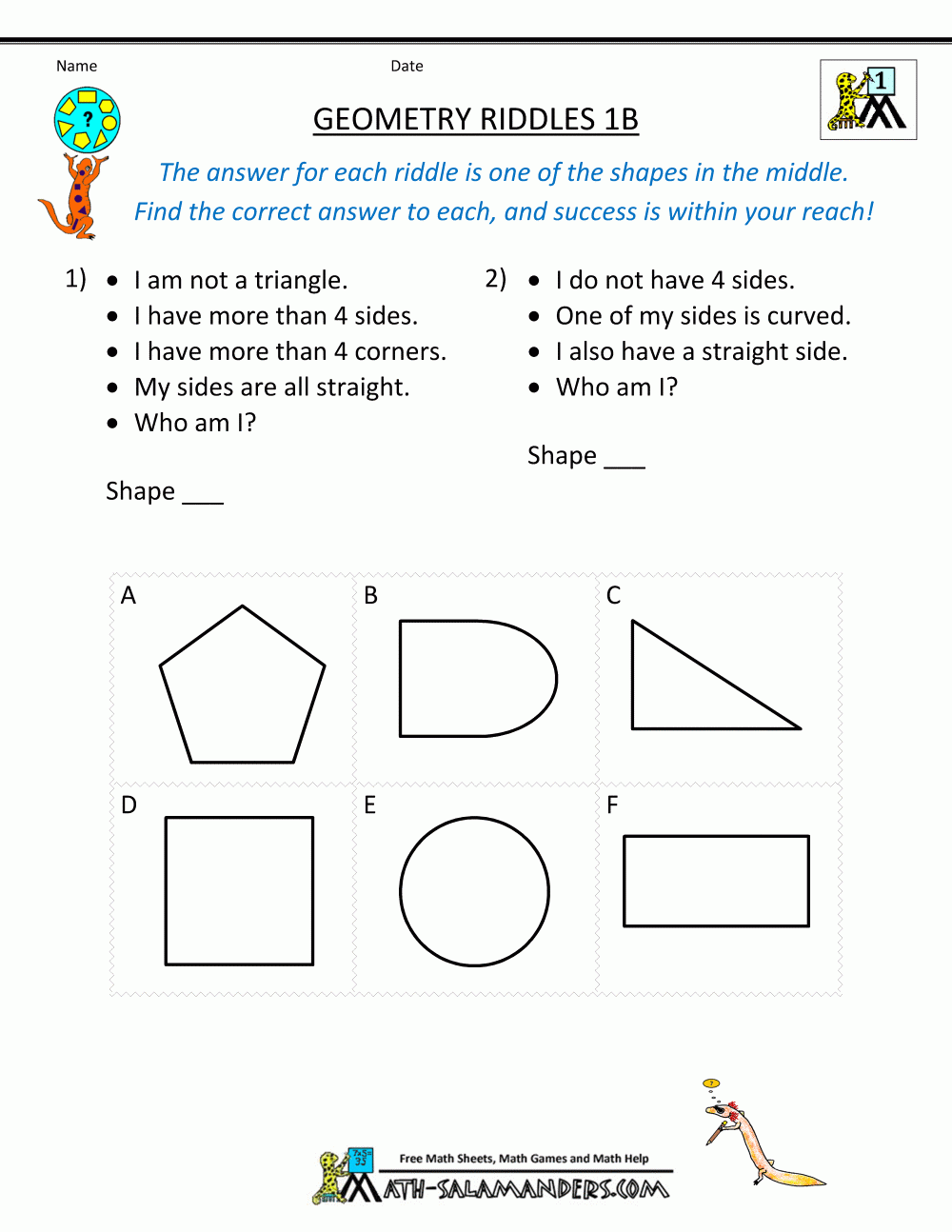 Printable Geometry Worksheets Riddles