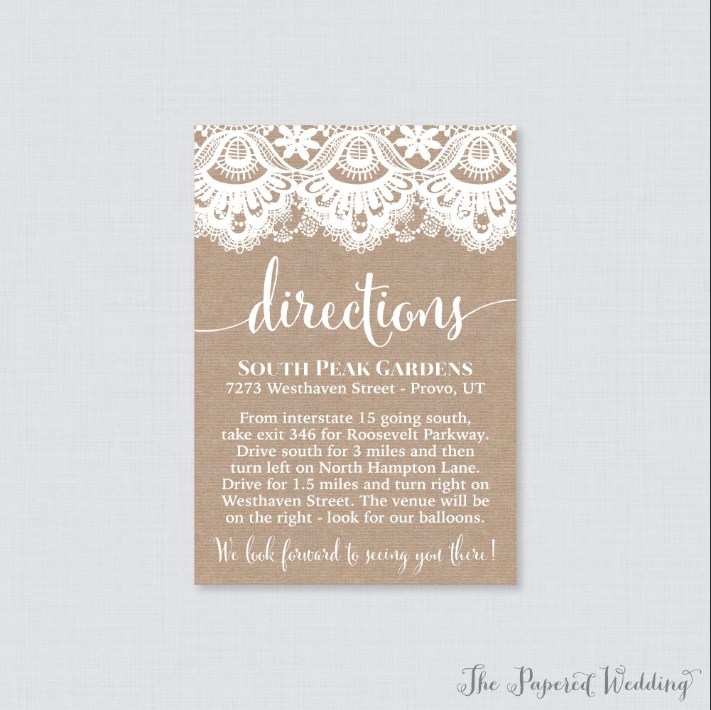 Printable OR Printed Wedding Direction Cards Burlap And Lace Wedding Directions Inserts Rustic Wedding Invitation Insert 0002 Etsy