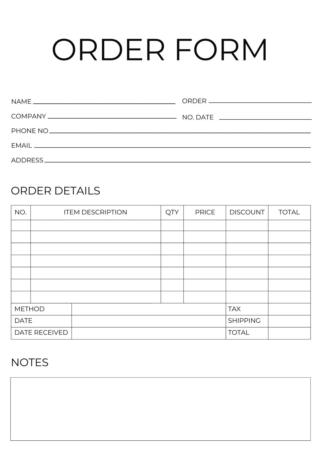 Free Printable Blank Order Forms